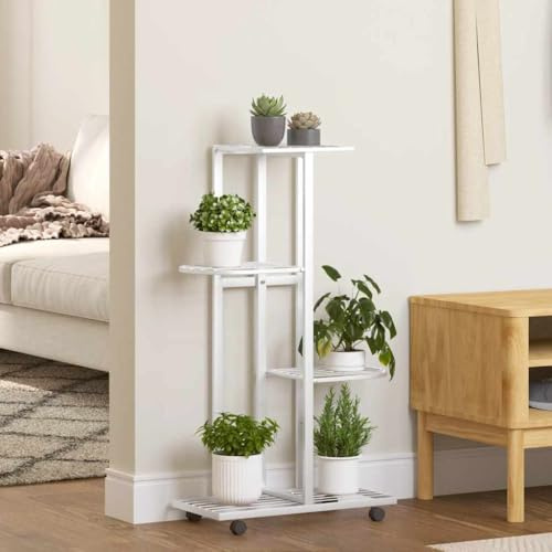 Ordellia Soporte para flores de 4 niveles y ruedas de hierro con recubrimiento en polvo de 44 x 23 x 80 cm, color blanco, estantería para plantas, para esquina, balcón, terraza, jardín, salón y