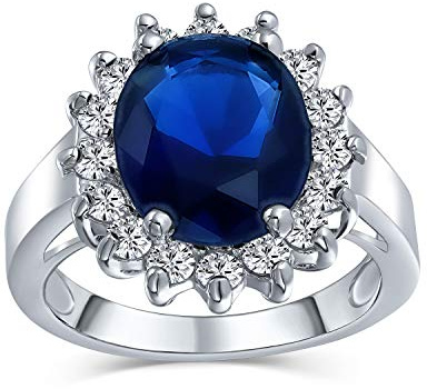 Bling Jewelry Anillo De Compromiso De Zafiro Simulado De Cubic Zirconia Ovalada Con Halo De Corona En Plata Plateada Tradicional Clásico Personalizable De 5 Quilates Para Mujeres