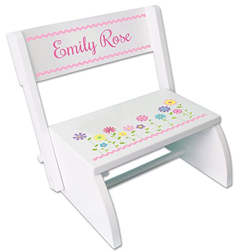 My Bambino Personalized Kids Step Stool | White Stemmed Flowers Step Stool Bench Seat Girl's | Custom Name Toddler Bathroom & Kitchen Helper | Great Baby Gift