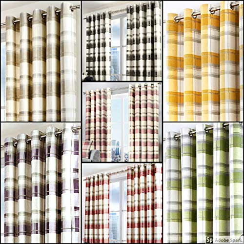 Fusion - Balmoral Check - 100 Percent Cotton Pair of Eyelet Curtains - 66 Width x 54 Drop (168 x 137cm) in Ochre