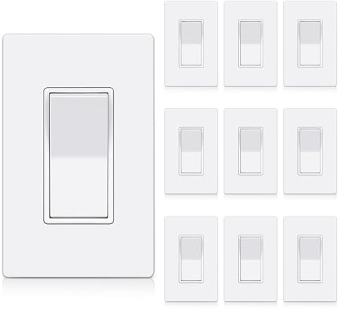 BESTTEN 10 Pack Single Pole Decorator Wall Light Switch with Screwless Wallplate, 15A 120/277V, On/Off Paddle Rocker Interrupter, UL Listed, White