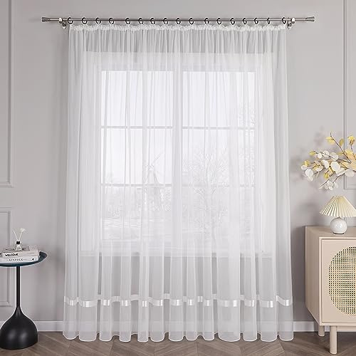 HongYa Gardine Transparent aus Voile mit Kräuselband und Satinband | Weiß, H/B 245/300 cm, einteilig, lichtdurchlässig, pflegeleicht, weich fallend, für Wohnzimmer und Schlafzimmer