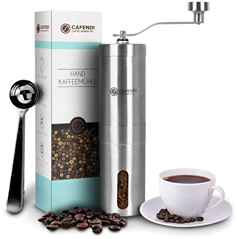 Cafendi Kaﬀeemühle Manuell | UVP 24,95 | Edelstahl Handkaffeemühle - Robustes Mahlwerk aus Keramik | Espressomühle für Küche, Camping und Outdoor | Mit E-Book für perfekten Kaﬀegenuss | UVP 24,95