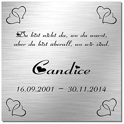 Edelstahl Tiergedenktafel mit Lasergravur - Grabschild * Modell Candice | Grabschmuck, Gedenktafel für Hunde, Katzen und andere Tiere, Größe ca. 100 x 100 mm