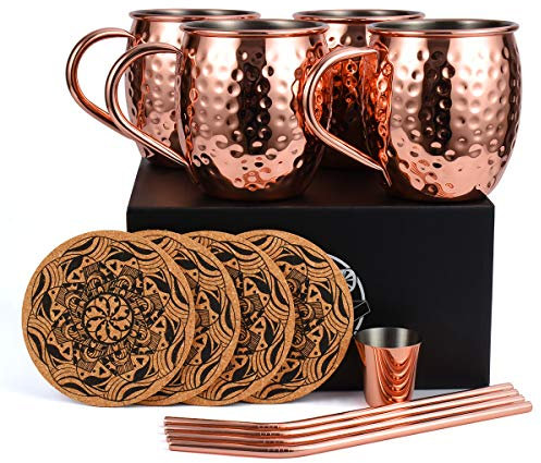 Eligara Mosca Mule Copper Mugs Set di 4 Tazze di Rame, Tazze di Rame per Il Cocktail di Mosca Mule, 16 oz Gift Set con Bonus 1 Bicchierino 1 Bicchierino 4 cannucce e 4 sottobicchieri
