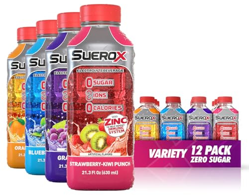 SueroX Zero Sugar Electrolyte Drink for Hydration and Recovery, Unique Blend of Electrolytes & 8 Ions, Zero Calorie Sports Drink, 21.3 Fl Oz, Variety Pack, 12 Count