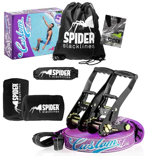 SPIDER SLACKLINE TKSA3 - Kit Slackline Custom - Materiale alta qualità per slackliners esperti o alle prime esperienze con equilibrismo - Set completo fettuccia Lunghezza 25m con 2xCricchetti