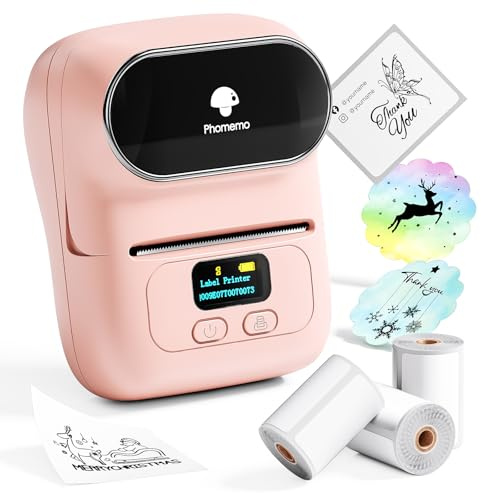 Phoemo M110 Juego de impresoras de Etiquetas,Etiquetadora portátil Bluetooth, Impresora Etiquetas Bluetooth térmica con 3 Rollos Etiquetas,Adecuado para Comercio minorista, Empresas, oficinas.Rosa