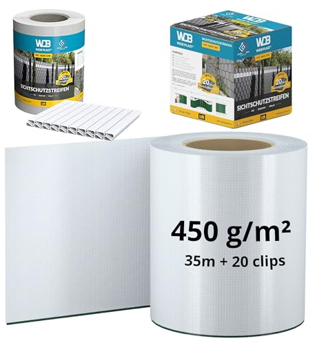 WDB - Sichtschutzstreifen für Doppelstabmatten Sichtschutz Zaun | PVC Windschutz Basic Line - 19 cm x 35 m + 20 Stück Befestigungsclips - Weiß - RAL 9003