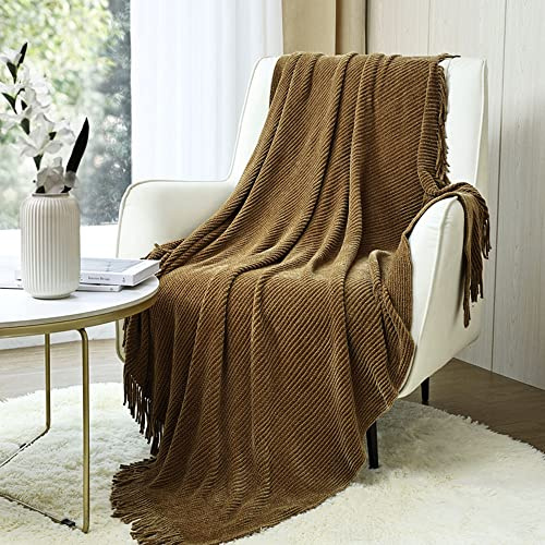 CREVENT Chenille-Überwurfdecke im Boho-Stil, für Couch, Sofa, Stuhl, Bett, als Heimdekoration, superweiche, warme, gemütliche Strickdecke für alle Jahreszeiten, 127 x 152 cm, Kaffeefarben/Sandfarben