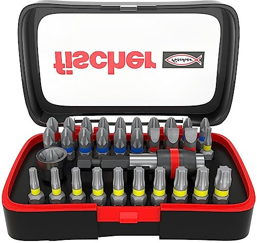 fischer Profi Bit Set, Premium Bit Set für einen schnellen Bitwechsel, universeller Einsatz mit den gängigsten Bits und einem Bithalter, für alle Schraubanwendungen, mit Farbleitsystem, 32 Teile