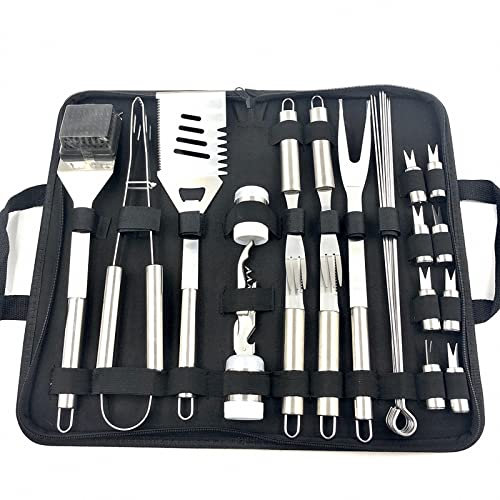 AJEYPMZ Set di Attrezzi per Barbecue da 29 Pezzi, Kit di Attrezzi per Barbecue da Esterno Portatile in Acciaio Inossidabile con Borsa Oxford,Black,29pcs