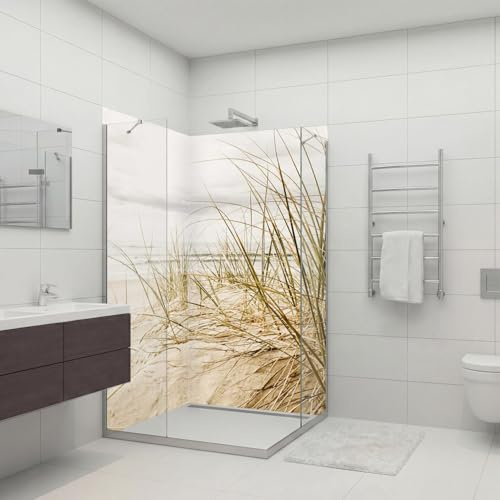 Dedeco 2x Premium Bad Duschrückwand mit Motiv: Dünengras V1, 80x210cm, wasserfest, hochwertig fugenlose Wandverkleidung aus 3mm-Alu-Verbundplatte, Fliesenersatz ohne Bohren, Made in Germany
