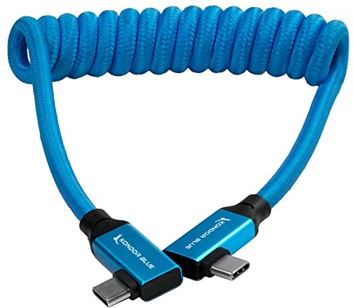 KONDOR BLUE | 12-24 Coiled USB-C 3.2 Right Angle Braided Cable for 8K Data and Power Delivery | 20 Gb/s Transfer Speed, USB PD 100W Charging, Nylon Braided with Reinforced Metal Connectors | Blue