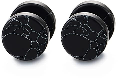 10MM Noir Marbre Boucles d'oreilles Homme Femme - Bouchon Jauge d'oreille Faux Cheater Fake Gauges Plugs Acier 1 Paire