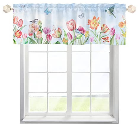 MYSLC Bistrogardine Scheibengardinen Küche Fenster Aquarell Schmetterling Vogel Blumen Behandlung Vorhänge Schiebevorhang kurzer Vorhang Fenster Volant Wohnzimmer Vorhang 137x45cm,1 Stück