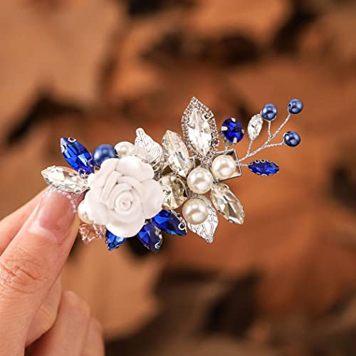 Ushiny Blumen-Haarspange für Hochzeiten, silberfarbene Perlen, Haarschmuck, Kristall, Brautschmuck, Haarklammer für Frauen und Mädchen