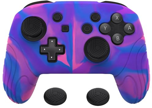 playvital Funda Protectora de Silicona para Nintendo Switch Pro Mando | Silicona Suave, Grip Antideslizante, Tapas para Pulgar, Ajuste Preciso, Protección Diaria, Edición Samurai-Rosa Azul Morado