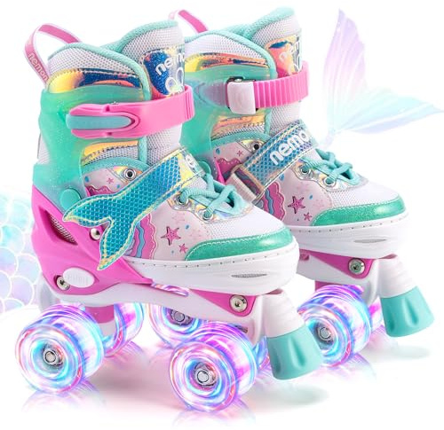 NEMONE Kinder Rollschuhe für Mädchen | 4 Größen Verstellbar Leucht Rollschuhe, Meerjungfrau Schmetterling Inline Rollschuhe für Anfänger