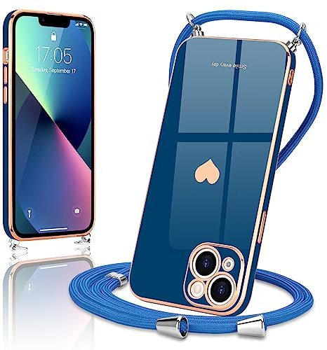 Wirvyuer Handyband Kompatibel mit iPhone 13 Handyhülle Necklace Hülle mit Band zum Umhängen Kameraschutz Liebesherz Schutzhülle mit Halsband Galvanik Silikon Umhängetasche für iPhone 13 Blau