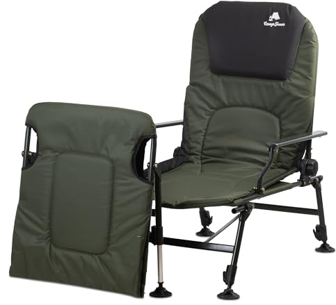 CampFeuer Silla de Pesca Plegable 2 en 1 Camuflaje Verde Oliva | Silla de Camping Regulable en Altura y Tumbona de Pesca | Silla de Viaje, para Camping, Acampada | Silla Plegable con Reposapiés