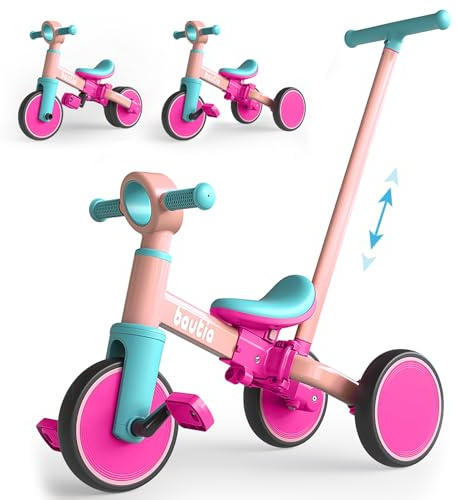 Bautia Kids Tricycle with Push Handle for Toddlers 1-4 Years Old Boys Girls Gift, 5 in 1 Baby Balance Bike for Toddlers 1-3 with Removable Pedals (No Parent Steering Version)