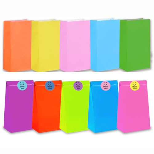 Paper Party Bags, Pack of 20 Colourful Paper Gift Candy Goodie Treat Bags with 20 PCS Stickers for Kids and Adults,Parties, Birthdays,Halloween,Christmas