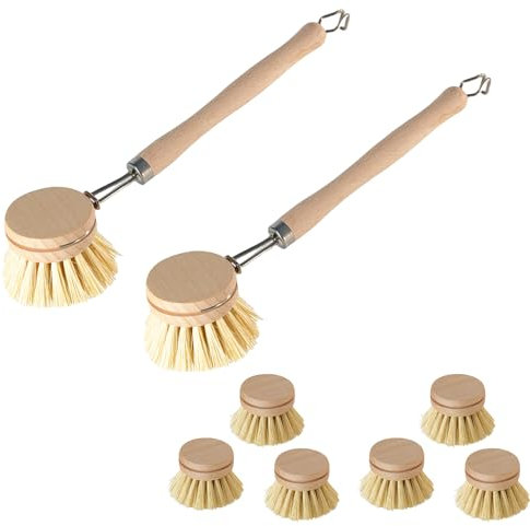 Esmula Juego de 2 cepillos para lavavajillas de Madera + 6 Cabezales de Repuesto, cepillos para lavavajillas de Madera sostenible con 6 Cabezales de Repuesto, Cepillo para Fregar, Cepillo de Cocina