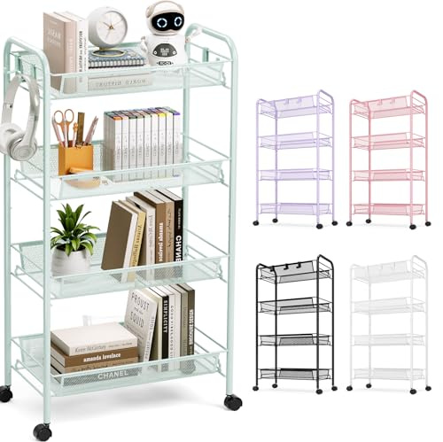 TOOLF 4-Tier Rolling Cart, Metal Utility Cart with 3 Hooks, Easy Assemble Mobile Storage Trolley On Wheels, Metal Shelving Units Kitchen Bathroom Laundry Room