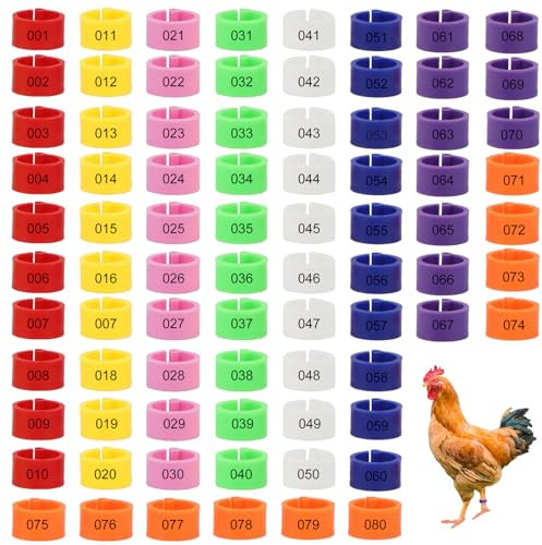 Hähnchenschenkelbänder Geflügelschenkelringe, Geflügel Band, 80 Stück Hühnerringe, Taubenringe, Identifikation Beinbänder, zur Markierung von Kleinen Geflügelfüßen, 8 Farben, mit Zahl, 16mm