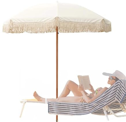 Generic Parapluie e Plage 200cm avec Frange, Bohème Parasol Droit pour L'extérieur, Parapluie de Vacances pour Jardin/Pelouse/Terrasse, Mât en Bois
