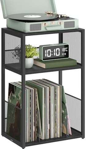 VASAGLE Record Player Stand, 3-Tier Side Table, Vinyl Record Storage up to 100 Albums, End Table for Living Room, Bedroom, Ebony Black ULET275B01