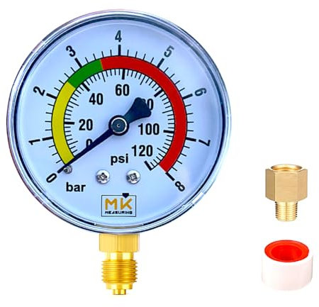 ​MK MEASURING – Manomètre de Pression d'Eau 0–8 Bar / 120 PSI, Raccord Laiton 1/4 BSP, Connecteur Latéral, Pour Réducteur de Pression et Chauffe-eau – Avec Téflon et Adaptateur 1/4 NPT​