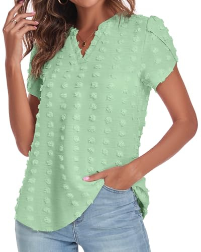 Bestbee Womens Dressy Chiffon Blouses Cute Summer Short Sleeve Shirts Casual T-Shirts V Neck Polka Dot Tunic Tops Lightweight, Matcha Color, XL