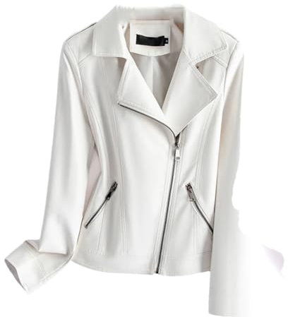 Damen Schaffell-Jacke, Reißverschluss, kurze Motorradjacke, langärmelig, lässig, Ledermäntel, weiß, XL