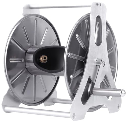 Carrete de Manguera de jardín de Acero Inoxidable 2 en 1, Kit de Carrete de Manguera de Agua de 50 m de Capacidad con Mango Giratorio de 360°/Accesorios de instalación rápida