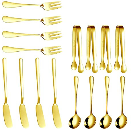 Myhoomowe Juego de Cuchillos para Untar Mantequilla de Queso, 16 Piezas, Accesorios de CharcuteríA, Cuchillos de Mantequilla de Acero Inoxidable, Pinzas para Servir (Dorado)