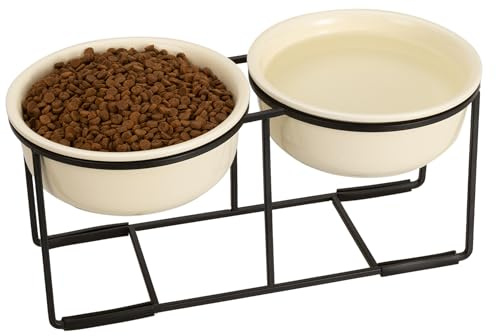 Hundenapf Set Erhöht Hundenäpfe Keramik - Fressnapf Hund 2er Set mit Rutschfestem Metallständer - Doppelnapf Hund für Futter und Wasser - Ideal für Kleine und Mittelgroße Hunde - 2 x 720 ml - Beige