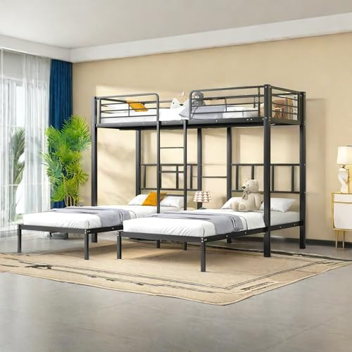 Wyibwy Letto a tre posti, 90 x 200 cm,letto a castello triplo con parapetto anticaduta e tavolo, in metallo con scala, letto triplo in ferro, per bambini,ragazzi, adulti,Senza materasso,nero