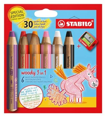STABILO - Buntstift, Wasserfarbe & Wachsmalkreide - woody 3 in 1 | Jubiläumsedition, Einhorn, 6er Pack mit Spitzer, 6 Farben