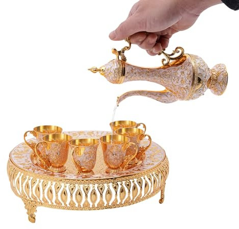 Tyvotrend Servizio da tè da 8 pezzi, lussuoso set di tazze da caffè con 1 vassoio, 1 teiera e 6 tazze da tè, set per gli amanti del tè per gustare caffè, tè, vino (oro e bianco)
