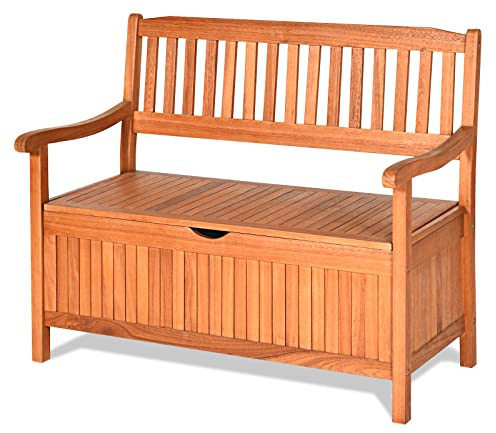 RELAX4LIFE Patio Storage Bench, 125L Eucalyptus Wood Garden Bench Park Chair Slatted Seat with Removable & Waterproof Liner, 2-Seater Outdoor Furniture Leisure Loveseat for Backyard, Porch, Balcony