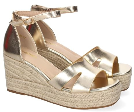 shoes&blues.es 91812 Sandalia de Cuna de Yute para Mujer, Comodo y Elegante, Diseno Moderno con Detalles en la Pala y Cierre de Hebilla, Ideales para Primavera-Verano. Oro Talla 35
