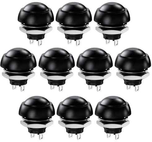 Gebildet 10 Pulsadores Momentáneos SPST de 12mm, Resistentes al Agua, ON/Off, 3A/3V, 5V, 9V, 12V, 24V y 230V CA. Mini Botón Redondo sin Cerradura para Coche, PC, Lámpara de Mesa y Timbre (Negro)
