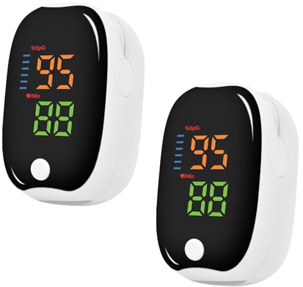 Tragbarer Finger Pulsoximeter für Fitness und Outdoor, Sauerstoffsättigung & Pulsrate Anzeige, OLED Bildschirm mit Batterien und Band (Schwarz, 2 Stück)