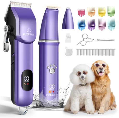 FuzzyFix Hundeschermaschine 3 in1 Set, Schermaschine Hund Haarschneidemaschine für Dichtes Verfilztem Fell,Leise Hunderasierer und Pfotentrimmer für Hunde und Katzen,Lila