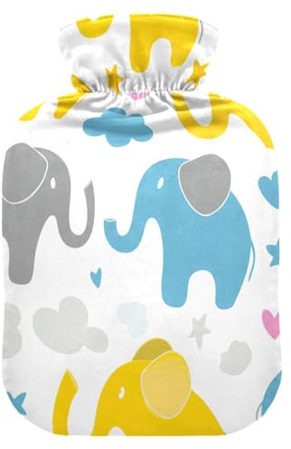 Elephant Star Heart White Hot Water Bottle with Cover for Pain Relief Feet Warmer for Pregnant, 1L