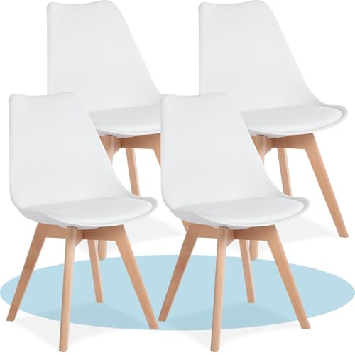 Dekohome Silla de Comedor, Sillas de Cocina con Asiento Acolchado, Respaldo Ergonómico y Patas de Madera Maciza de Haya, Blanco, 4 Sillas