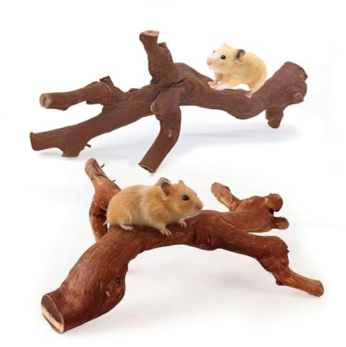 kathson 2Pcs Wood Hamster Climbing Branches Decor, Natural Wooden Syrian Hamster Climb Chewing Toys, Rat Exercise Toys, Small Animal Habitat Decor Accessories for Dwarf Pets, Mice, Gerbils