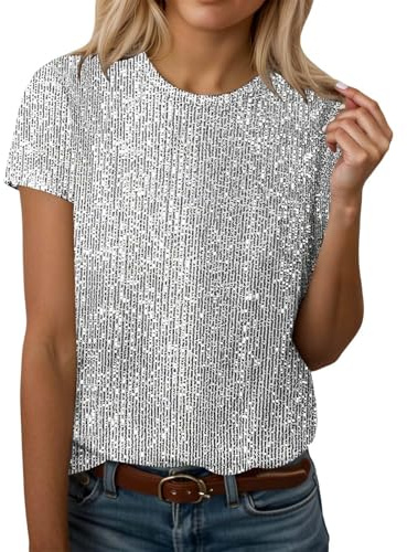 Pailletten Oberteil Damen,Glitzer Oberteile Damen,Festliche Oberteile Kurzärmelig Rundhalsausschnitt T-Shirt Lässig Elegant Festlich Tops Weich Bequem Workout Tshirt Abendparty Hochzeit Shirt